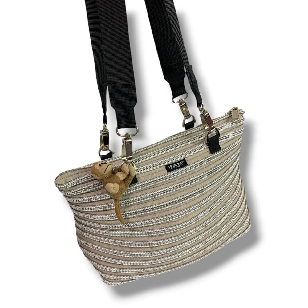 Bam Bags Zipper Purse Beige Silver Tote  Bag Purse Flat Bottom